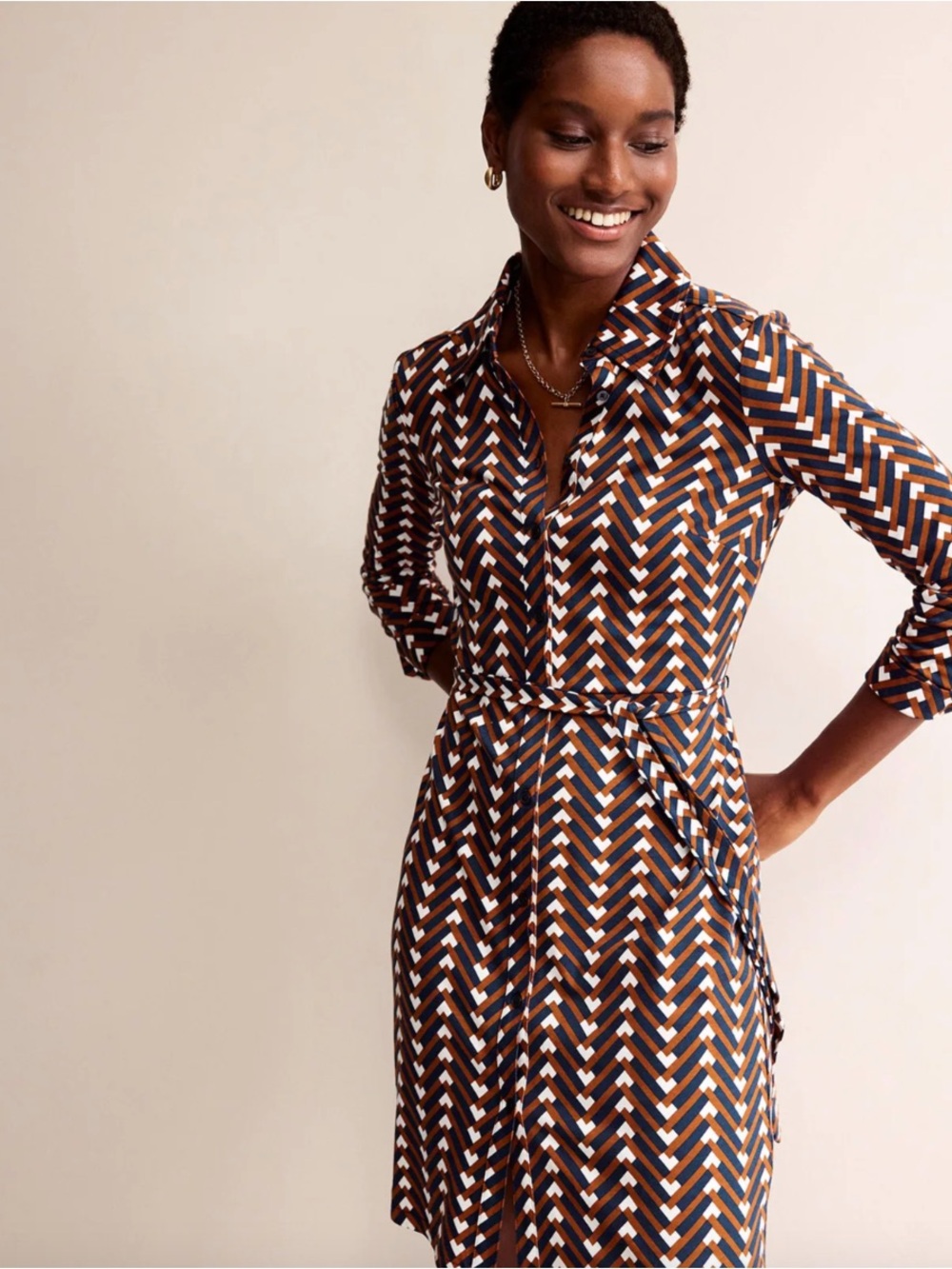Chevron-Print Midi Shirt Dress in Navy, Brown and Cream Jessie Jersey knit boden
